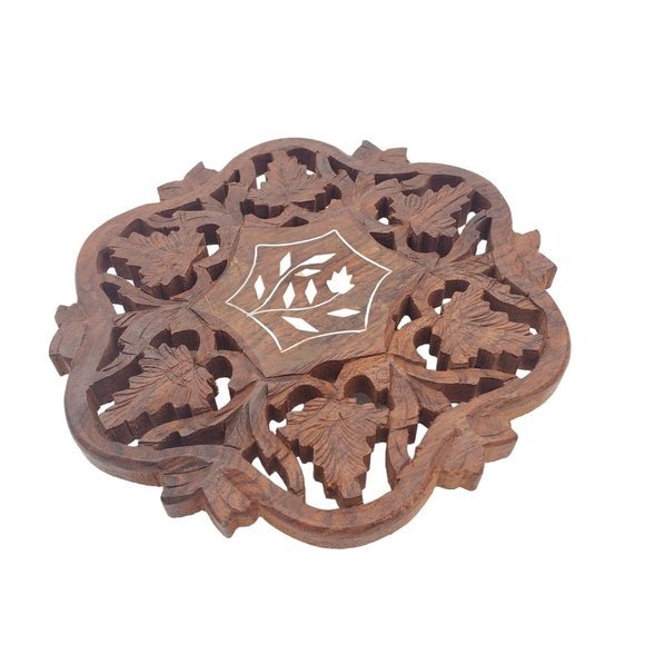 Vintage Carved Wooden Trivet 70s Plant Stand Floral Inlay India Handmade Leaves - Picture 2 of 7